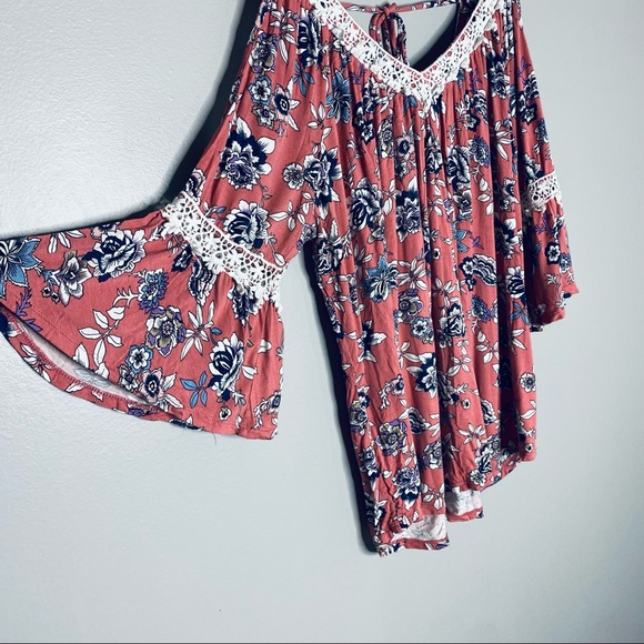 Always Indigo Floral Print Fan Style Quarter Sleeves Top - Picture 2 of 7